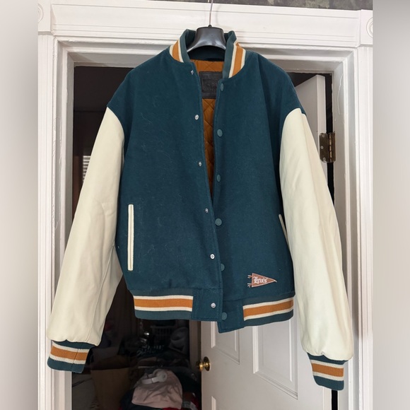 Levi's Teal and Brown varsity Jacket with leather sleeves. NWT. Runs LG - Picture 1 of 5